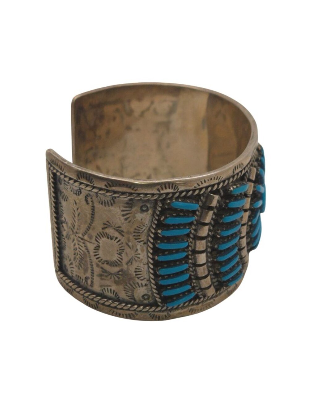 Vintage Zuni Petit Point Sterling Silver Cuff Bracelet Turquoise & Engraved 50g - Picture 3 of 11
